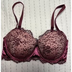 Victoria’s Secret Lined Demi Bra 32DD Velvet Dot Floral Wine Dream Angels
